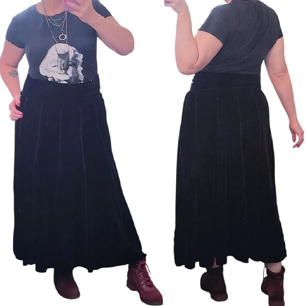 VTG Y2K Black Velvet Panelled Pull On‎ Whimsigoth Midi Skirt Large A Line Goth